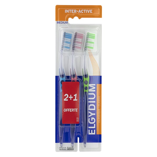 Elgydium Promo (2+1) Inter-Active Toothbrush Medium 3 copë - Rozë-Blu-Jeshile