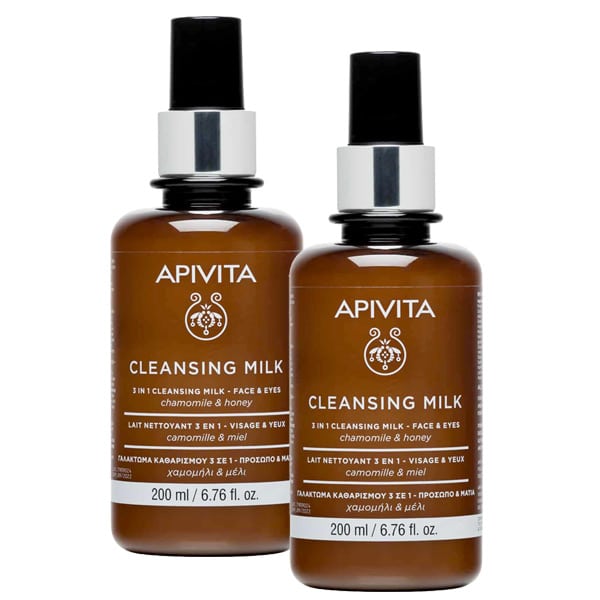 2 x Apivita 3 in 1 Cleansing Milk for Face & Eyes with Chamomile & Honey 2x200ml