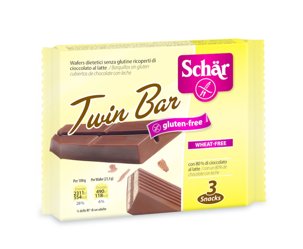 Schar Twinny  Shkopinj vaflash pa gluten të mbuluar me çokollatë, 64 5g (3 x 21.5g)