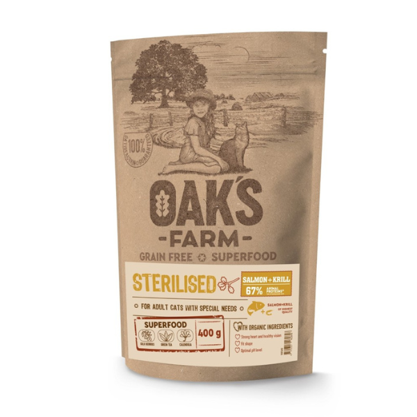 Oak's Farm Grain Free Superfood Sterilised Salmon-Krill for Adult Cats with Special Needs  400g
