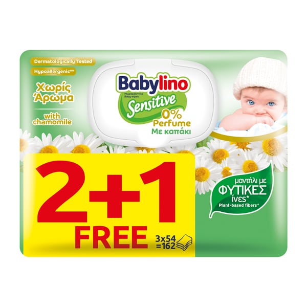 Babylino (2+1 Free) Sensitive Chamomile Baby Wipes 0% Perfume  162 copë (3x54 copë)