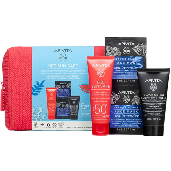 Apivita Promo Bee Sun Safe Hydra Sensitive Soothing Face Cream SPF50+, 50ml & Black Detox Cleansing Jelly, 50ml & Express Beauty Face Mask Sea Lavender, 2x8ml  1 set