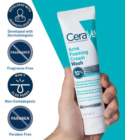 CeraVe Acne Foaming Cream Wash with 10% Benzoyl Peroxide 150g